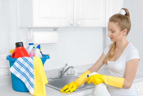 Kitchen cleaning in a Chiswick property with attention to worktops and appliances